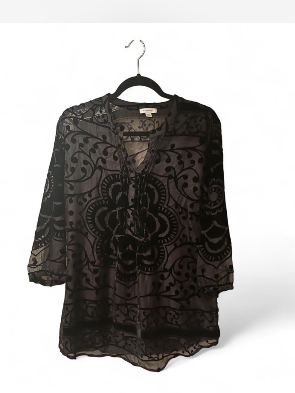 Garnet Hill Black Sheer Burnout Velvet Floral Blouse